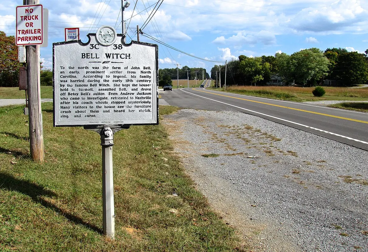 The Tennessee Historical Commission roadside marker for the Bell Witch on U.S. Route 41 in Adams, Tennessee