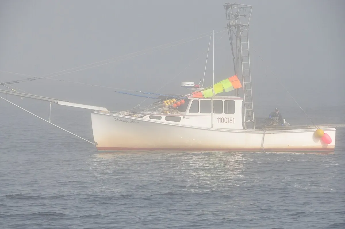 A lobster boat emerging from fog on Casco Bay, Maine – the kind of foggy water where Cassie sightings were reported (no image of the creature exists).