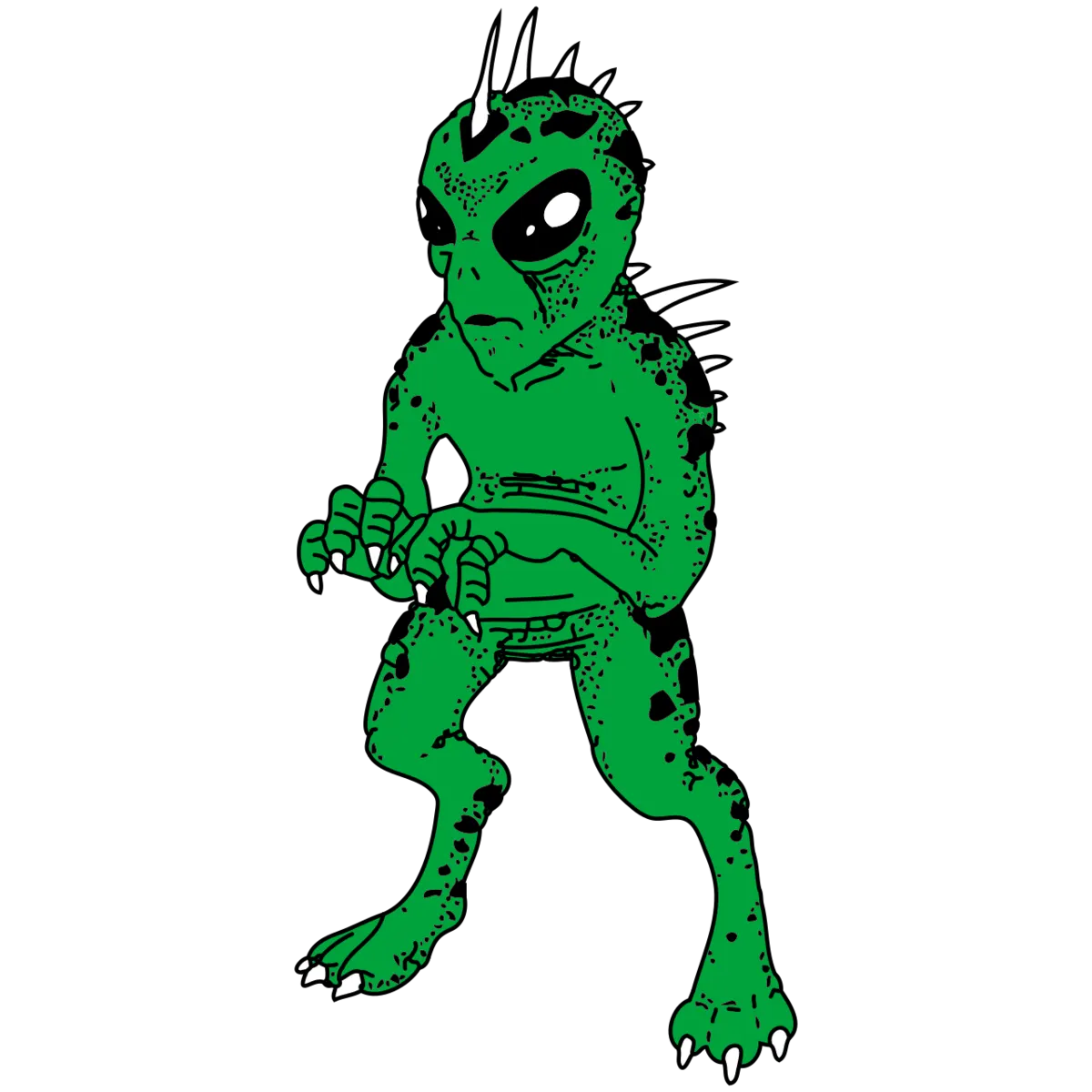 Artist’s drawing of the classic Puerto Rican chupacabra: an upright gray creature with big eyes and spines along its back