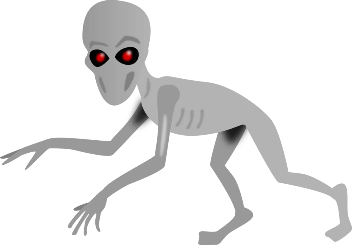 An artist’s illustration of the Dover Demon, a thin, big-headed figure with large eyes