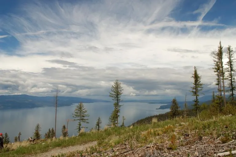 The wide blue waters of Flathead Lake, Montana, with forested shores and mountains