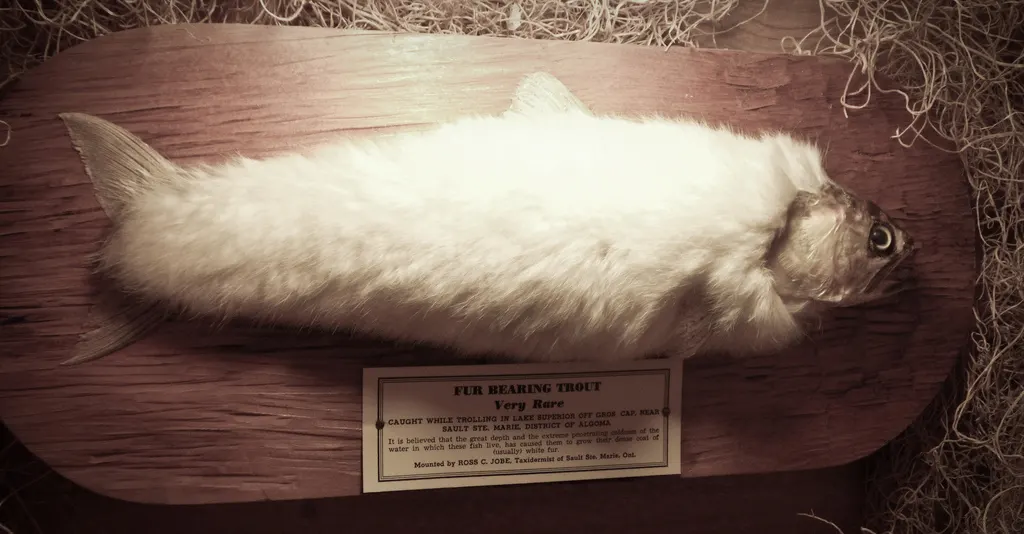 A taxidermy trout covered in white fur, mounted on a wooden board with a label reading “Fur Bearing Trout – Very Rare”