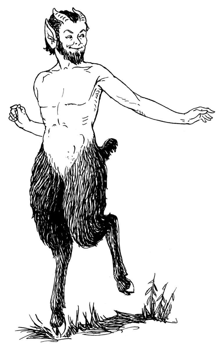 Black-and-white line drawing of a classical faun, a goat-legged figure from mythology like the one Goatman legends echo – not a depiction of any sighting