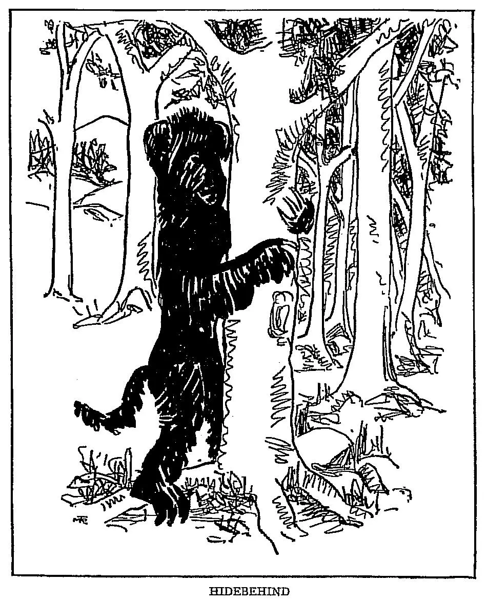 Pen-and-ink drawing of a shaggy black creature standing upright and hiding behind a tree trunk
