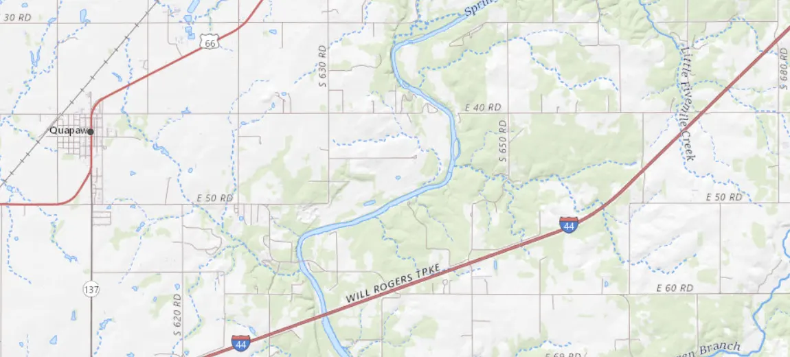 Map of the area around the Spooklight on the Oklahoma–Missouri border