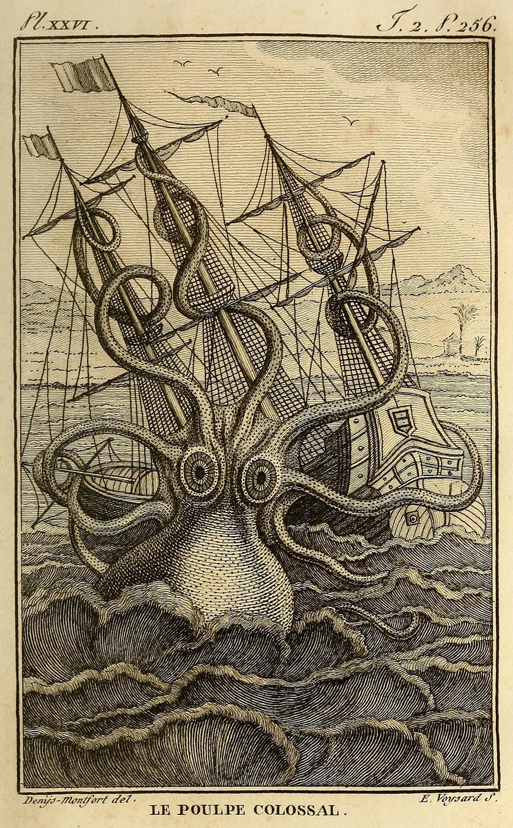 A 1801 engraving of a colossal octopus rising from the sea and wrapping its arms around a sailing ship.