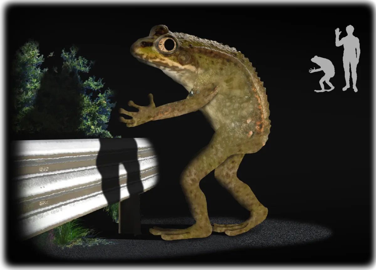 Artist’s impression of the Loveland Frog standing at the side of a road