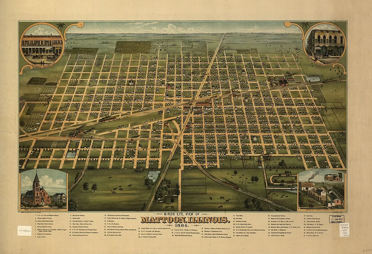 An 1884 bird’s-eye view of Mattoon, Illinois