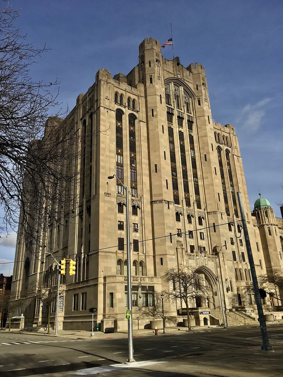 The Detroit Masonic Temple seen from Cass Park, where the Marche du Nain Rouge traditionally ends