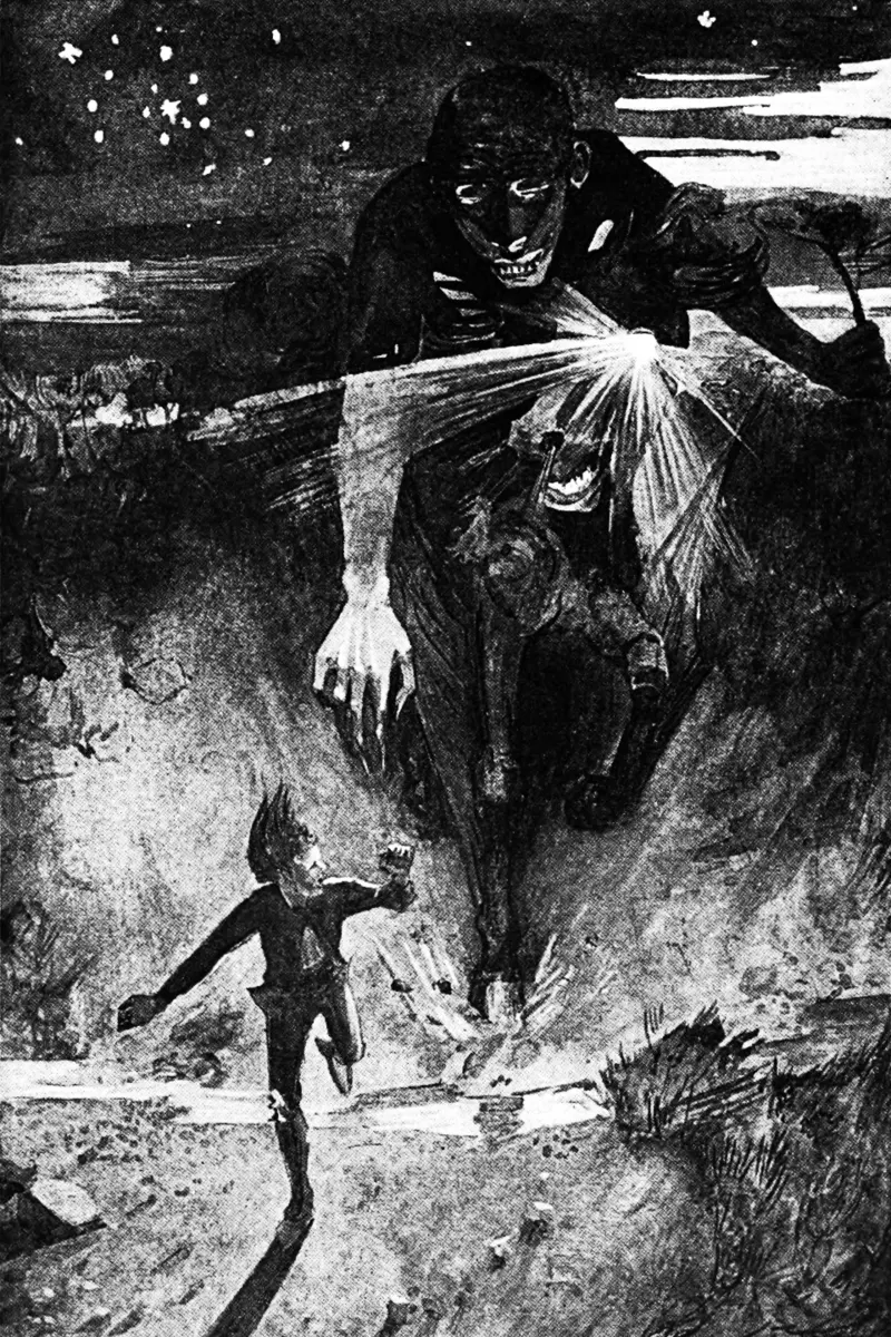 James Torrance’s 1901 illustration of the Nuckelavee reaching for Tammas as he escapes – from George Douglas’s Scottish Fairy and Folk Tales.
