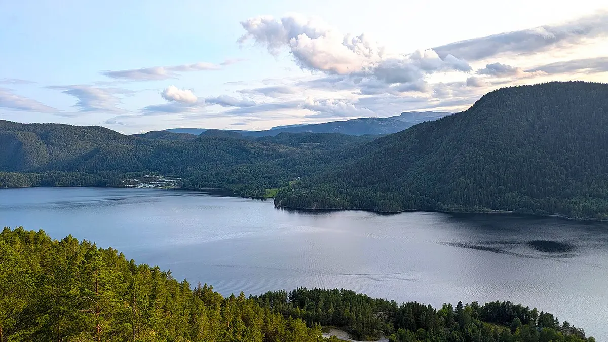 Seljordsvatnet seen from the Grindekleiv viewpoint, a long lake between forested hills in Telemark, Norway.