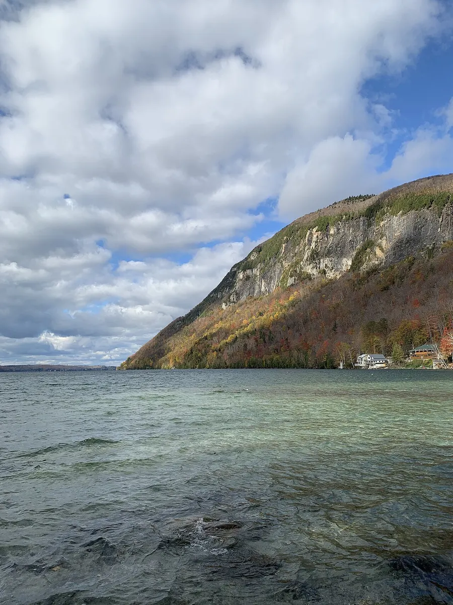 Lake Willoughby, a glacial lake in northeastern Vermont, with a partial view of Mount Pisgah.