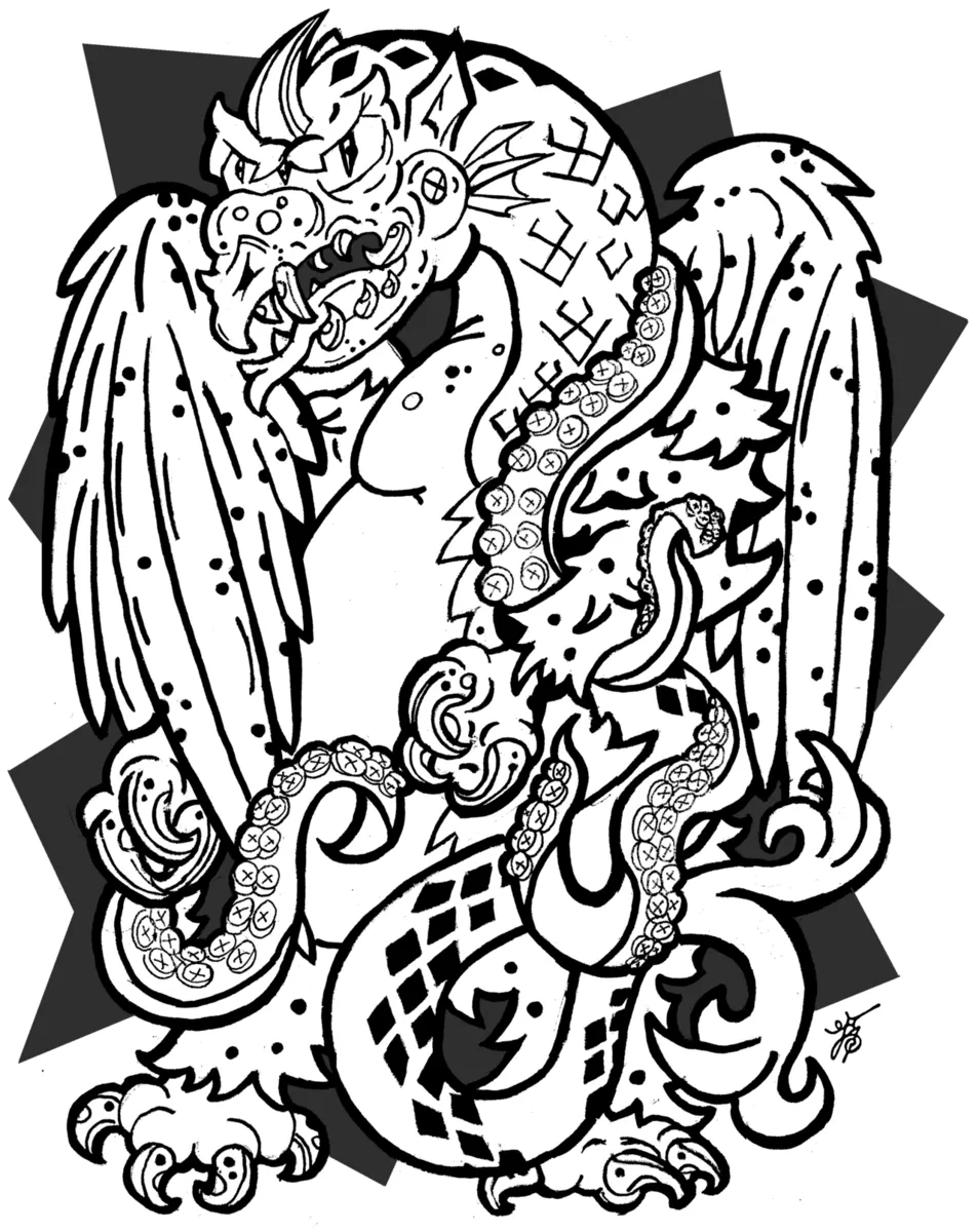 A modern drawing of the snallygaster as a winged, beaked dragon-like creature
