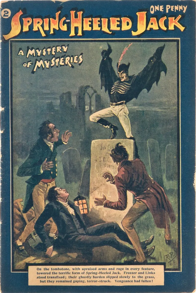 Penny-dreadful illustration of Spring-heeled Jack leaping, from Aldine Publishing’s Spring-Heeled Jack, 1904