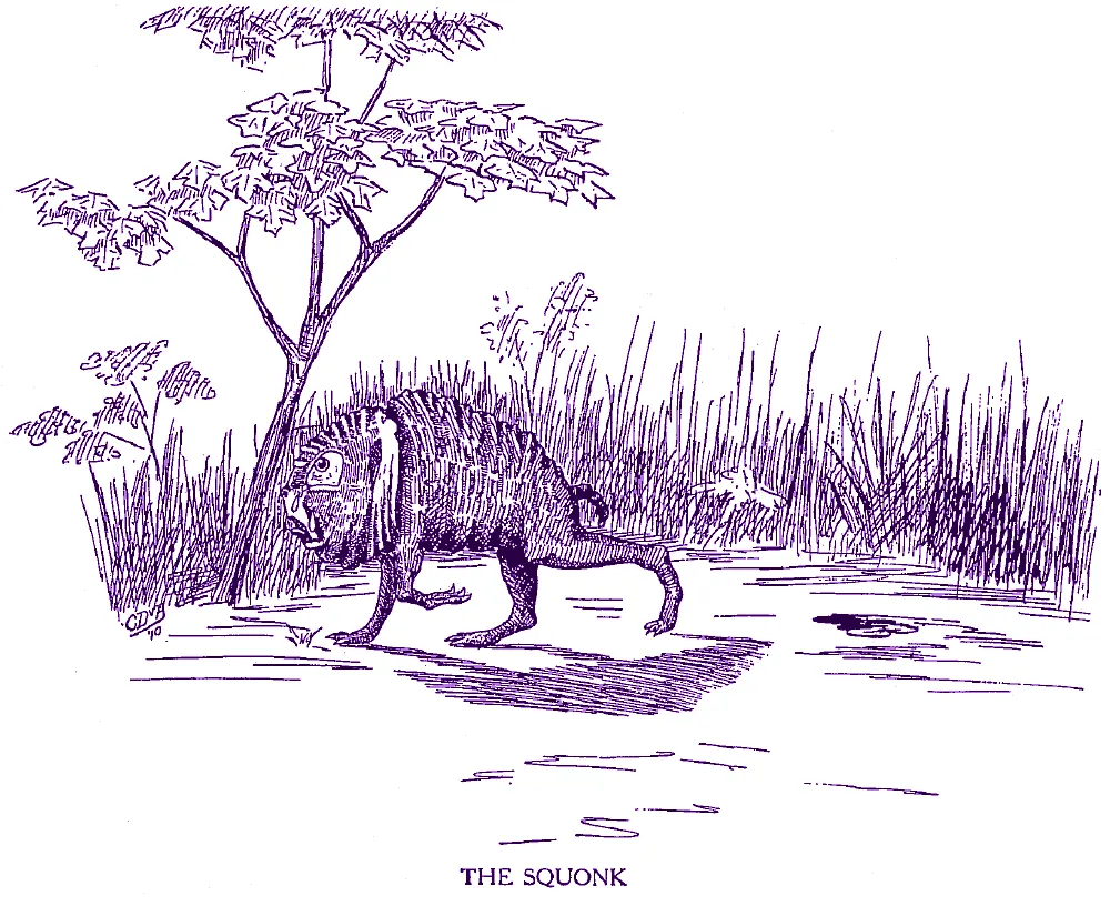 A 1910 drawing of the squonk, a sorrowful warty creature weeping in the forest