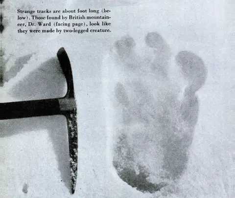 Black-and-white photograph of a large footprint in snow beside an ice axe, taken by Eric Shipton on the Menlung Glacier in 1951