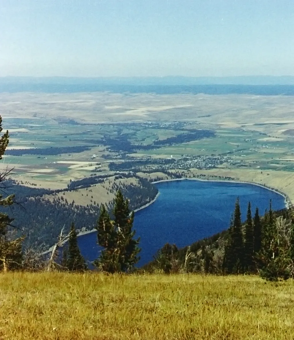 Wallowa Lake and the town of Joseph in Oregon seen from the top of Mount Howard