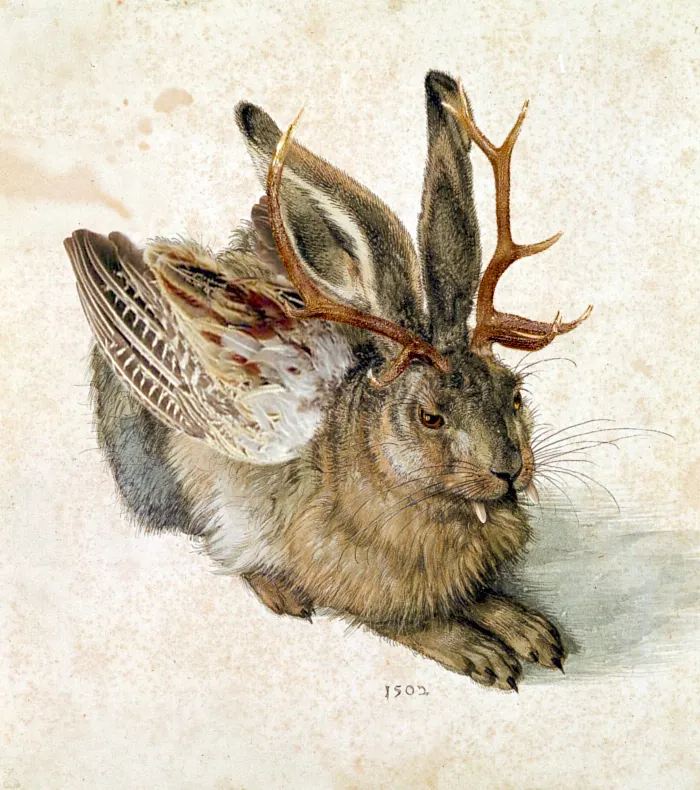 A stuffed Wolpertinger, a hare-like animal with small antlers, wings and fangs, displayed as a taxidermy mount.
