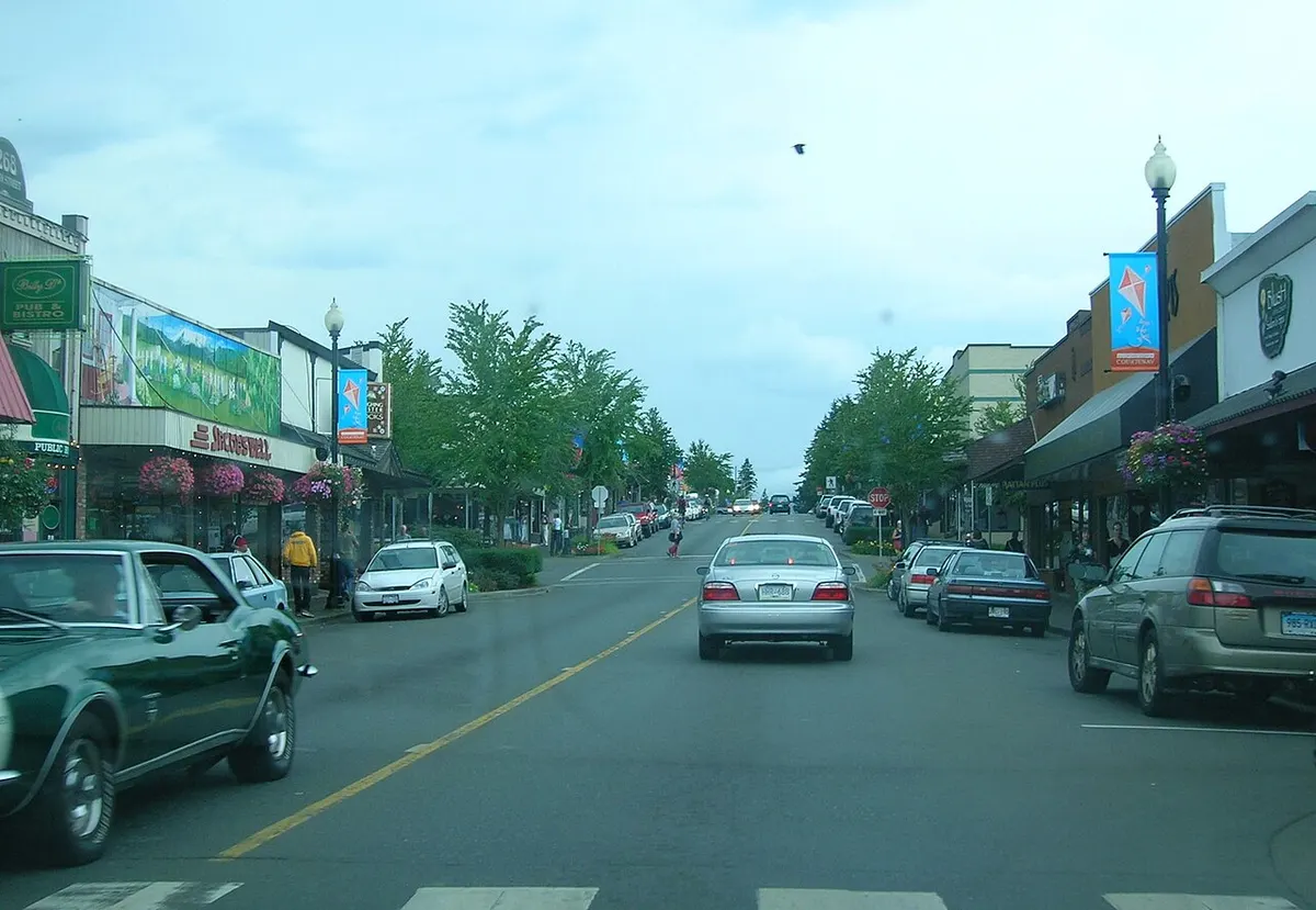 Shops and parked cars along Fifth Street in downtown Courtenay, British Columbia