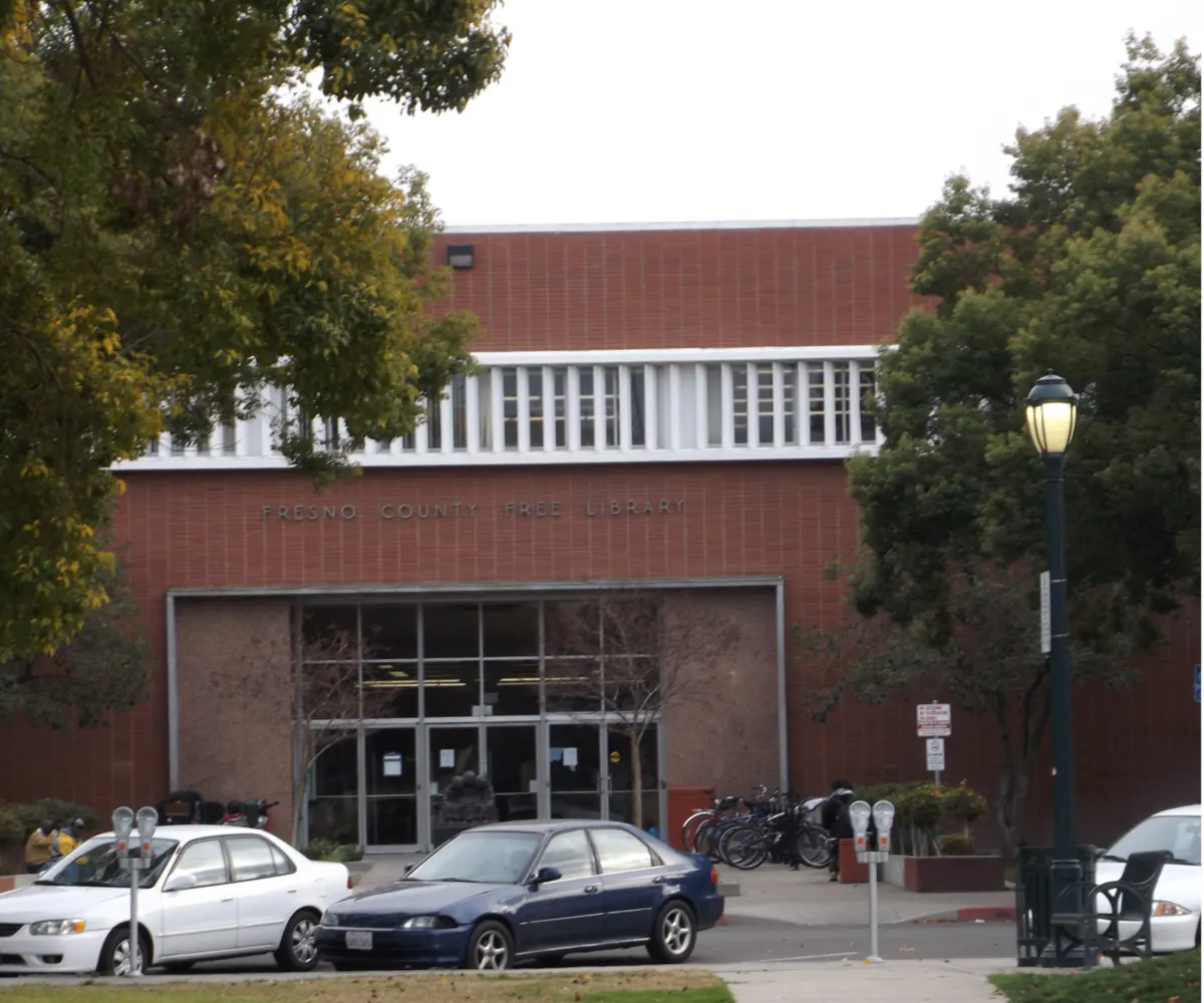 The brick Central Library building of the Fresno County Public Library in downtown Fresno